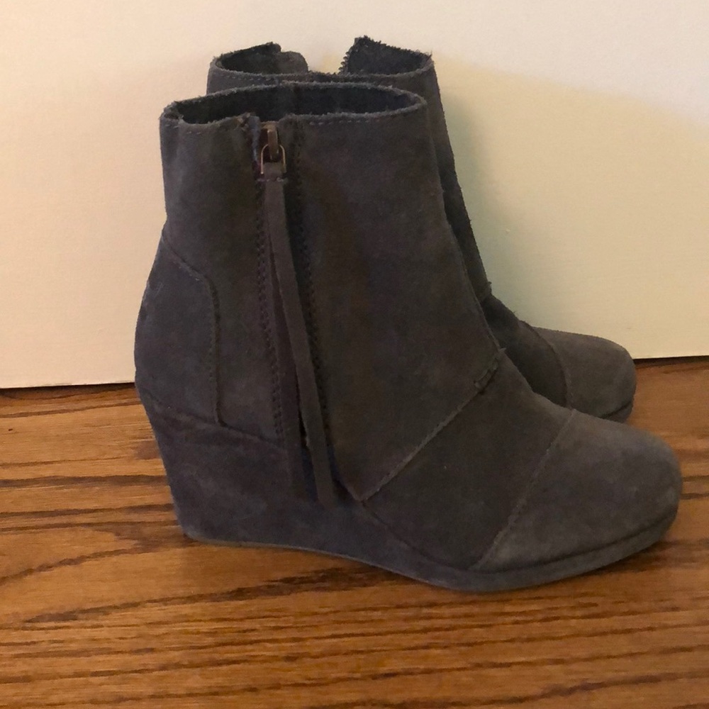 TOMS gray suede wedge booties